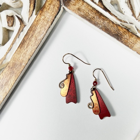 SOLD-Artsy Swirl Dangle Metallic Copper Red Earrings - Picture 3 of 5